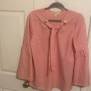 MICHAEL Michael Kors Red and White Striped Blouse with Gold Accents